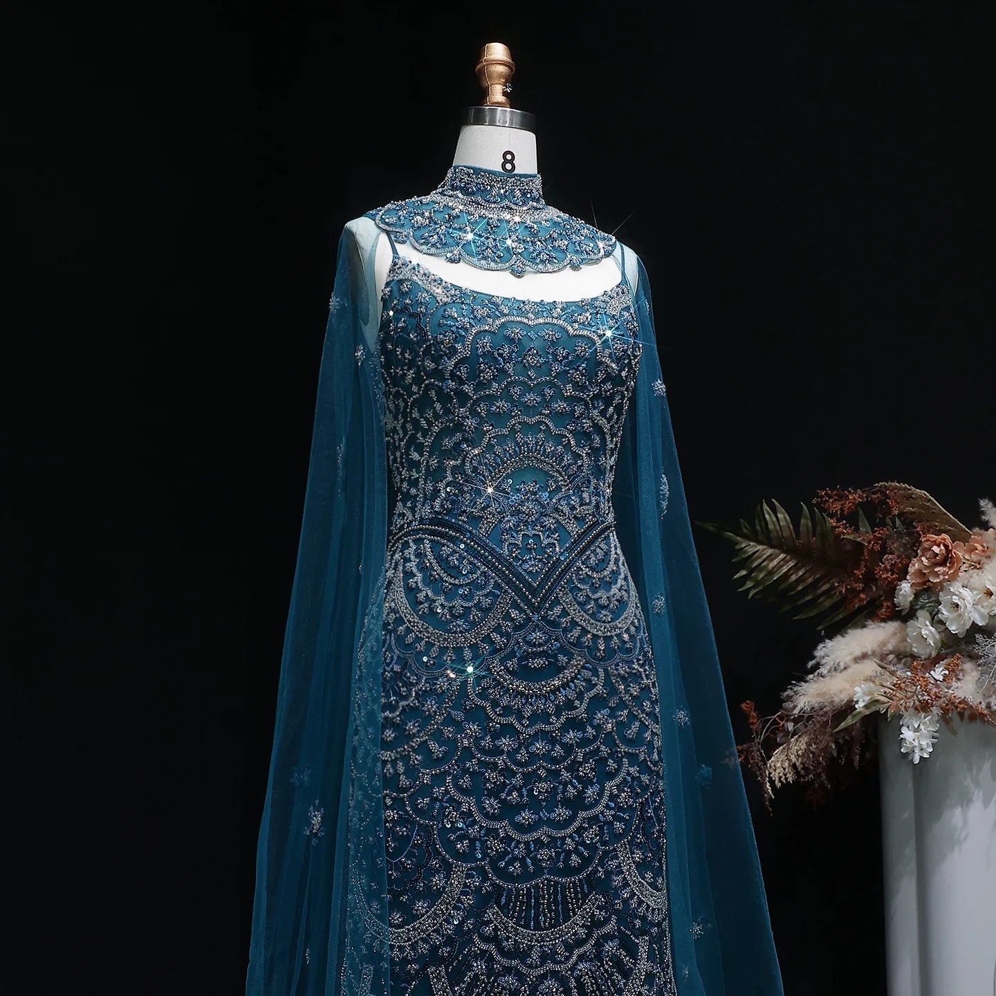 Teal Plus Size Beaded Mermaid Evening Gown with Cape — GCC Luxury Formal — Riviera Couture GCC Luxury Evening Gown