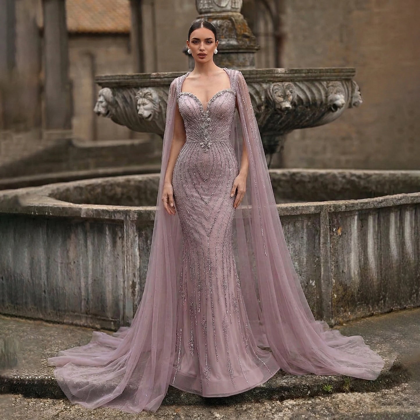 Champagne Beaded Mermaid Evening Gown with Cape Sleeves — Dubai Arabic Formal — Riviera Couture GCC Luxury Evening Gown