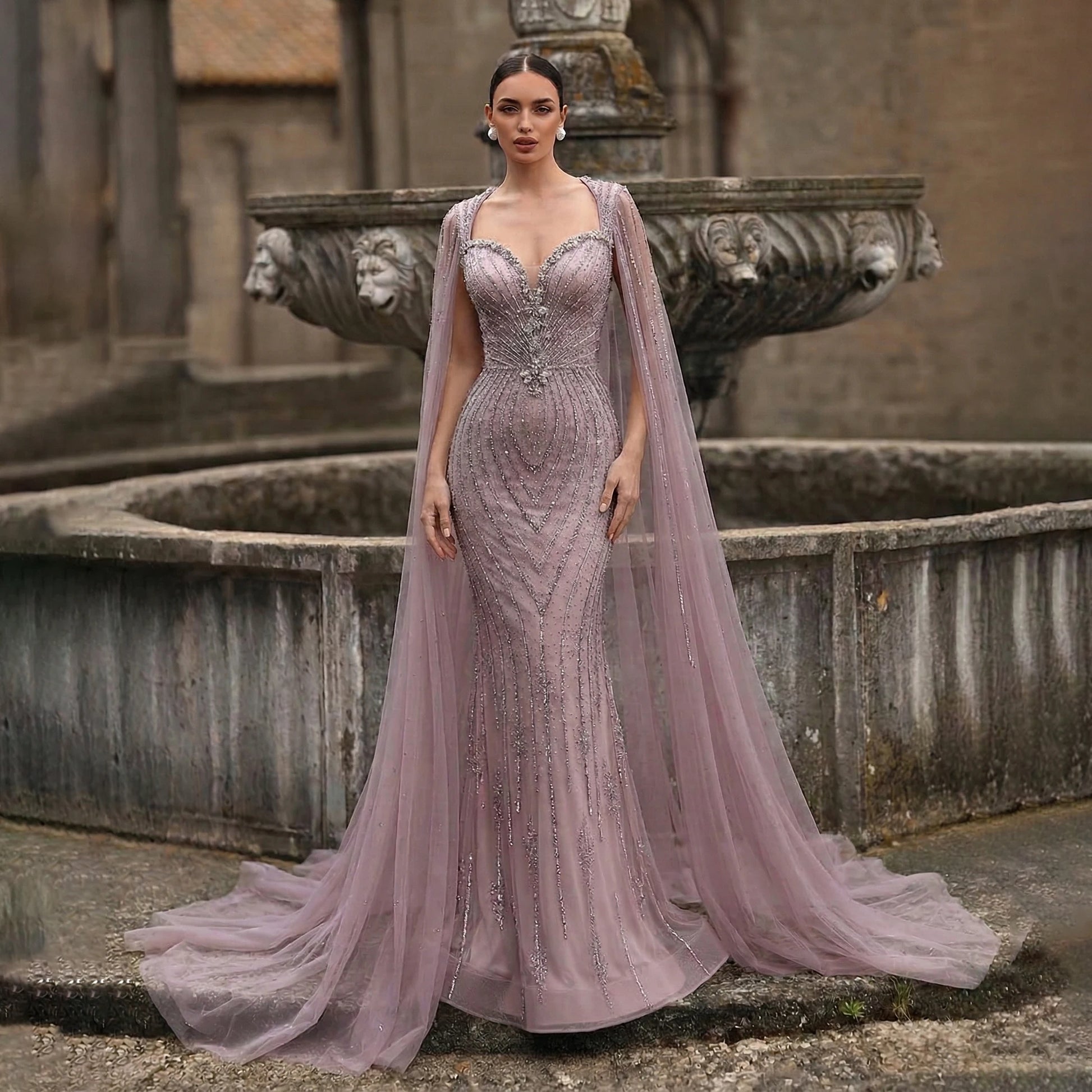 Champagne Beaded Mermaid Evening Gown with Cape Sleeves — Dubai Arabic Formal — Riviera Couture GCC Luxury Evening Gown