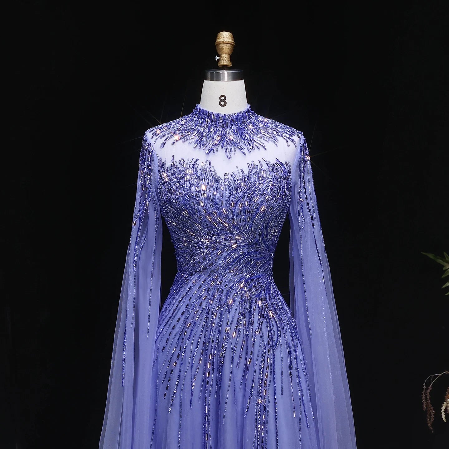 Blue Caramel Beaded High Neck Cape Sleeve Evening Gown — Sequin Tulle — Riviera Couture GCC Luxury Evening Gown