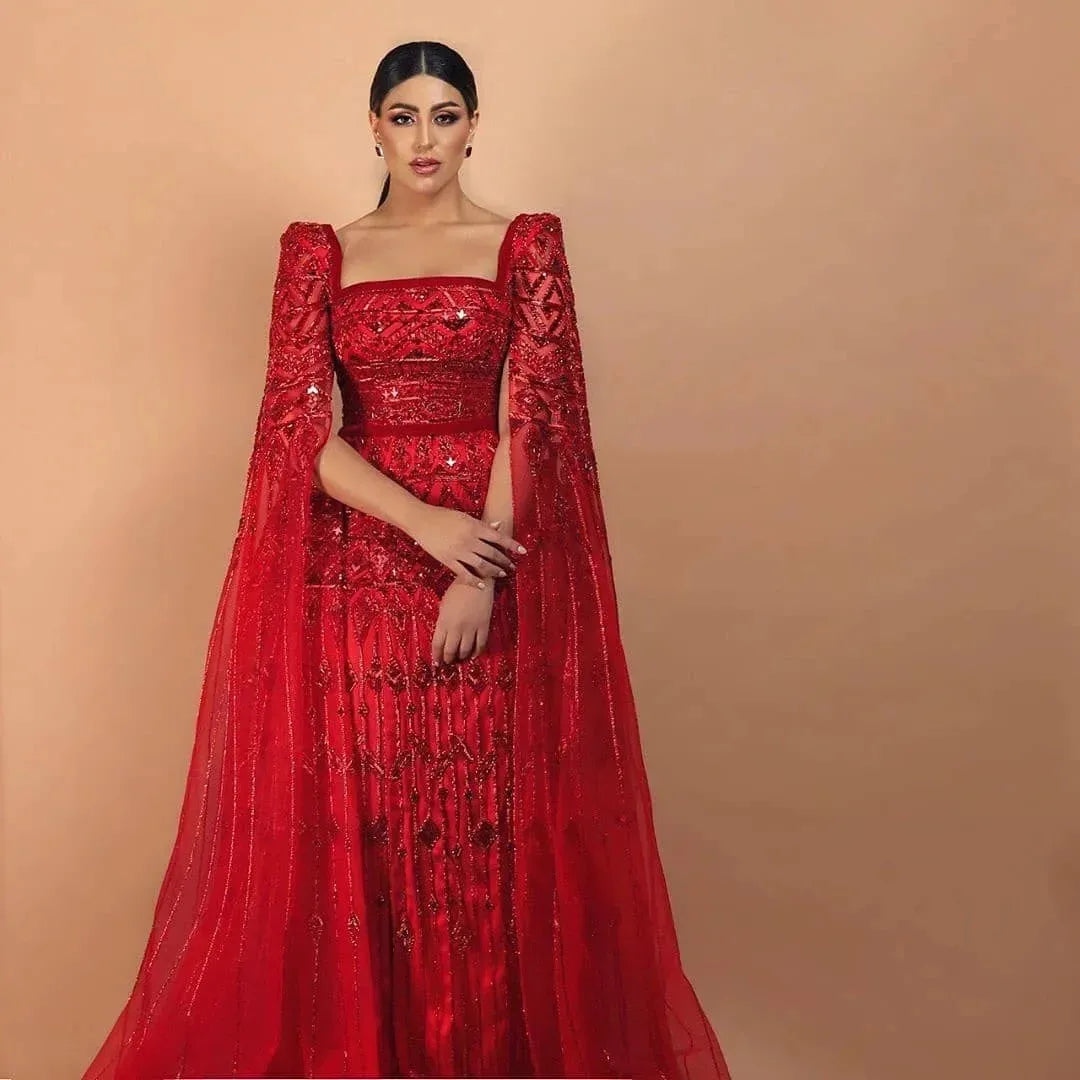 Red Wine Red Burgundy Evening Gown with Cape Sleeve — Arabic Luxury 2026 — Riviera Couture GCC Luxury Evening Gown