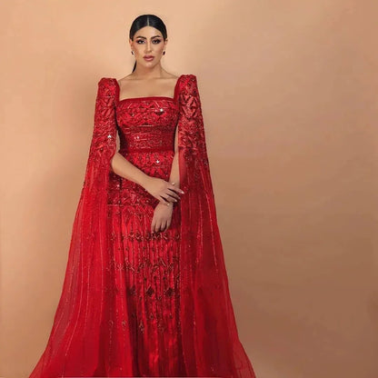 Red Wine Red Burgundy Evening Gown with Cape Sleeve — Arabic Luxury 2026 — Riviera Couture GCC Luxury Evening Gown