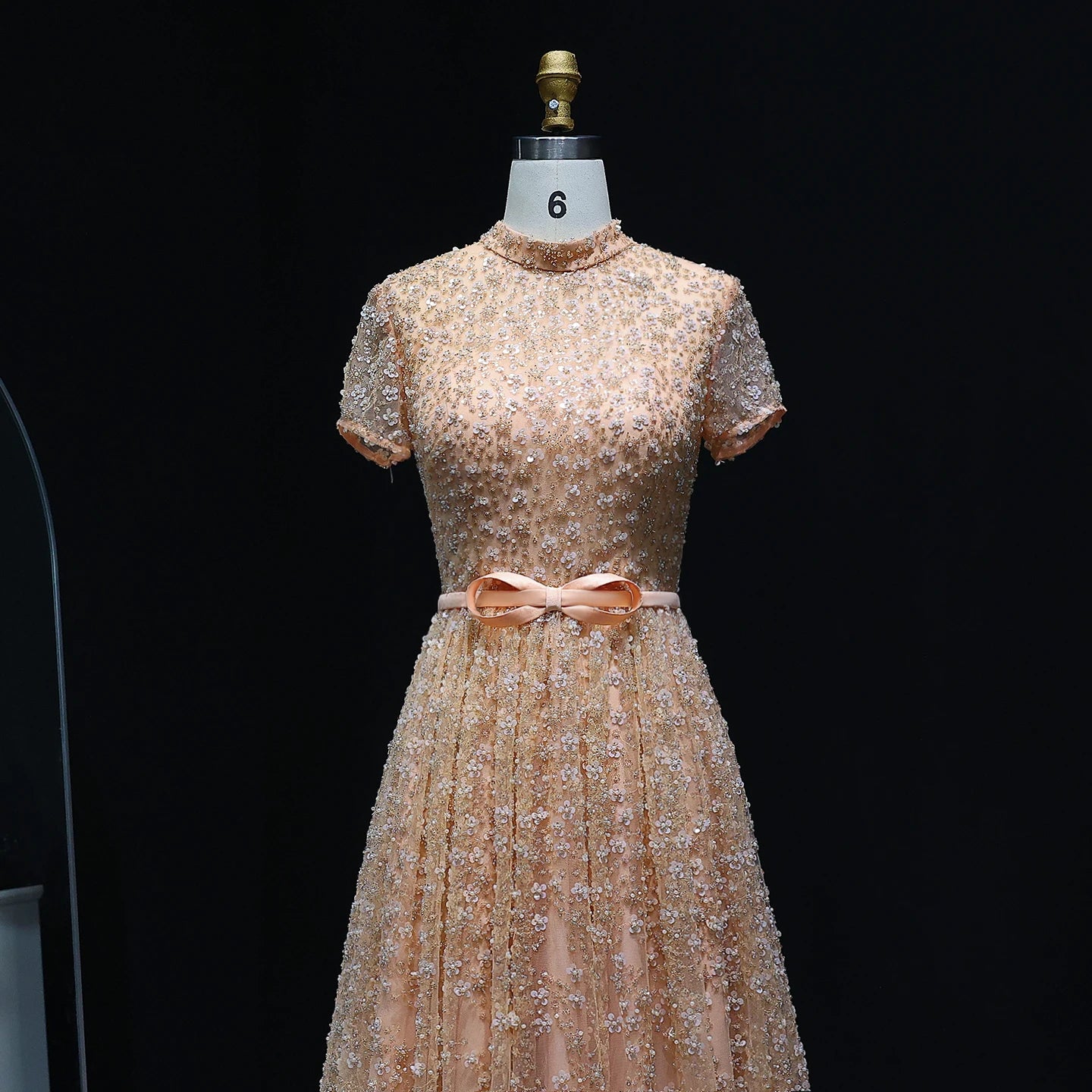 Peach Peach Embroidered Evening Gown with Bow — Luxury Beaded Arabic — Riviera Couture GCC Luxury Evening Gown
