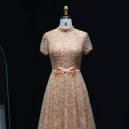 Peach Peach Embroidered Evening Gown with Bow — Luxury Beaded Arabic — Riviera Couture GCC Luxury Evening Gown