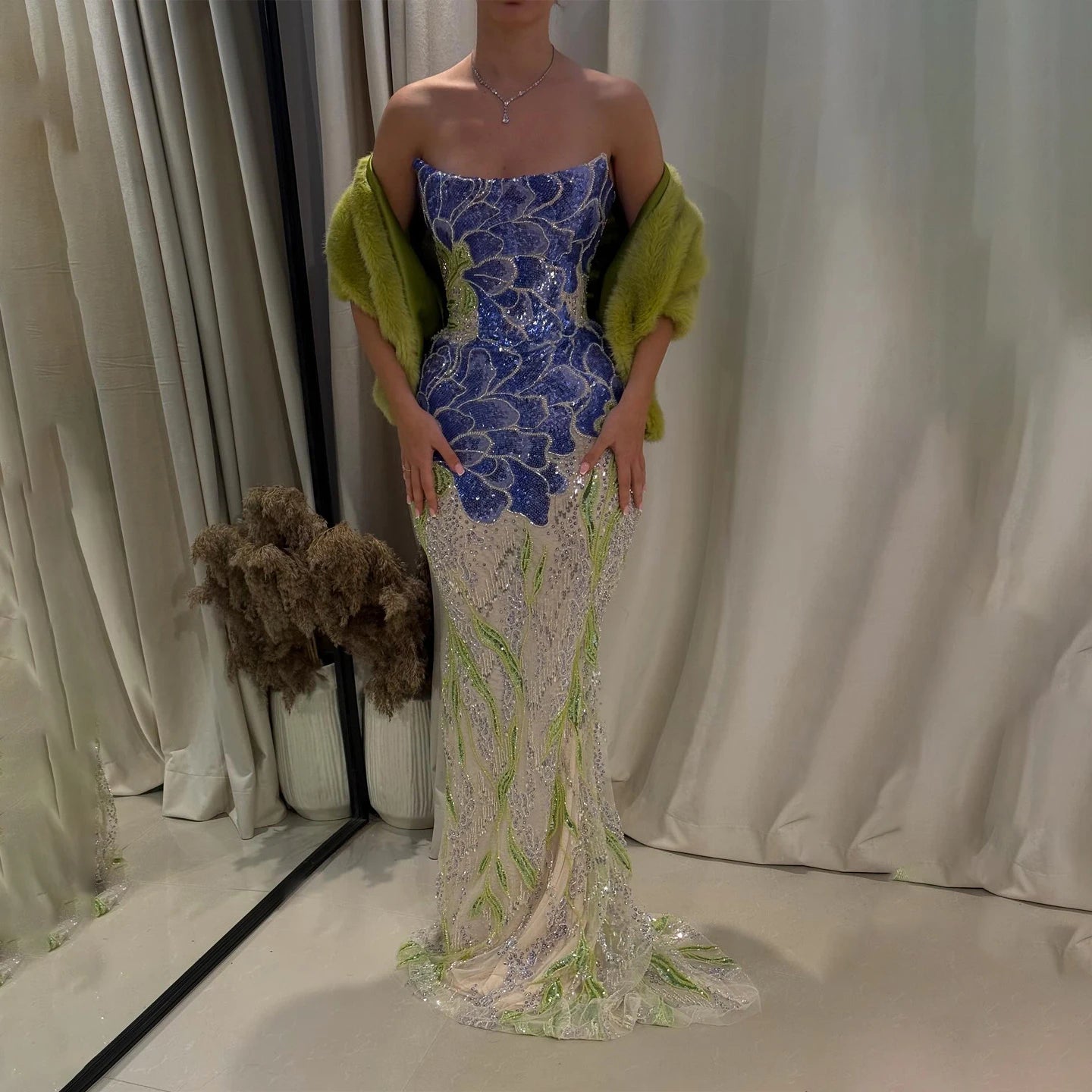 Fuchsia Green Beaded Sequined Mermaid Evening Gown with Scarf — GCC Luxury — Riviera Couture GCC Luxury Evening Gown