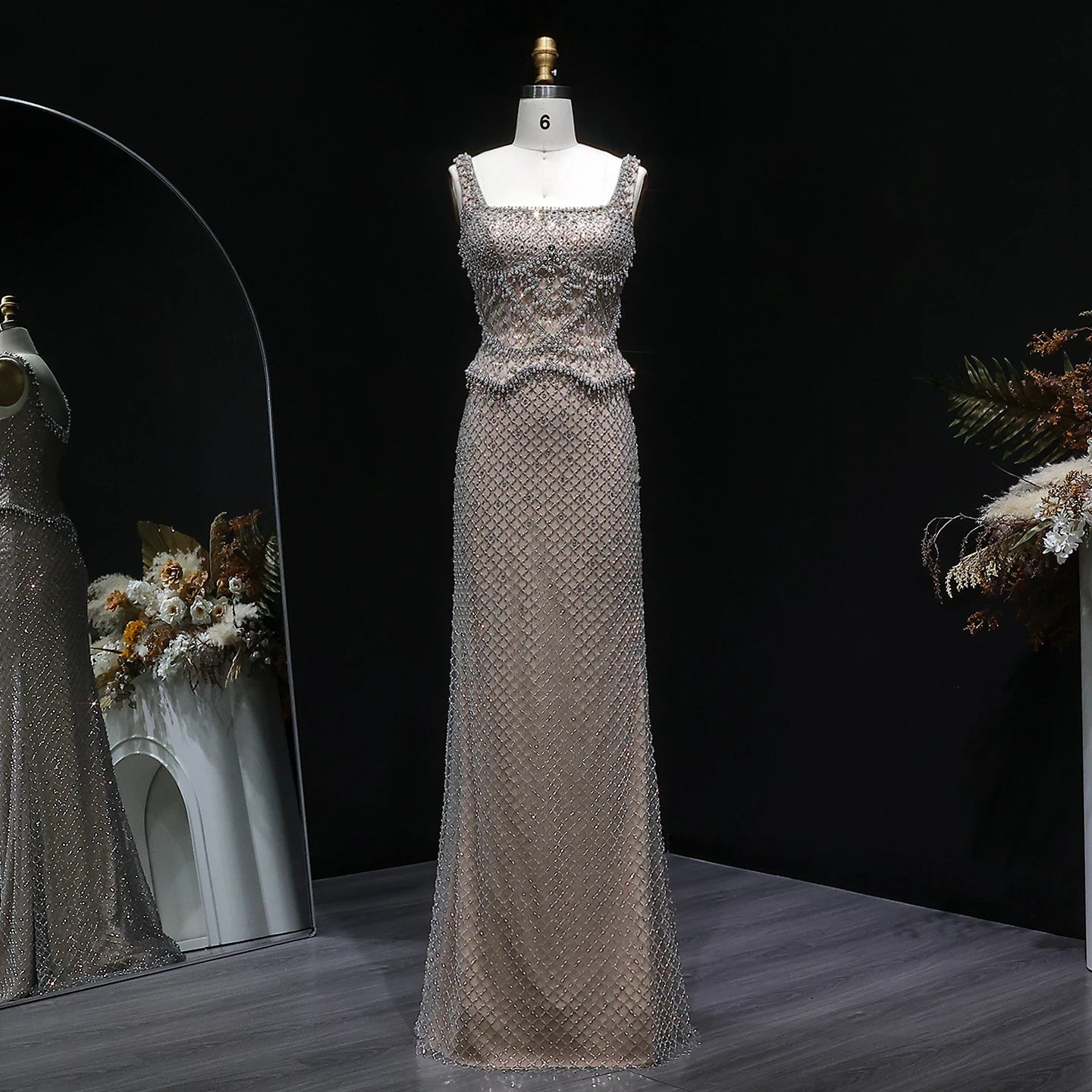 Wine Red Gray Straight Evening Gown with Straps — Dubai Arabic Luxury Formal — Riviera Couture GCC Luxury Evening Gown