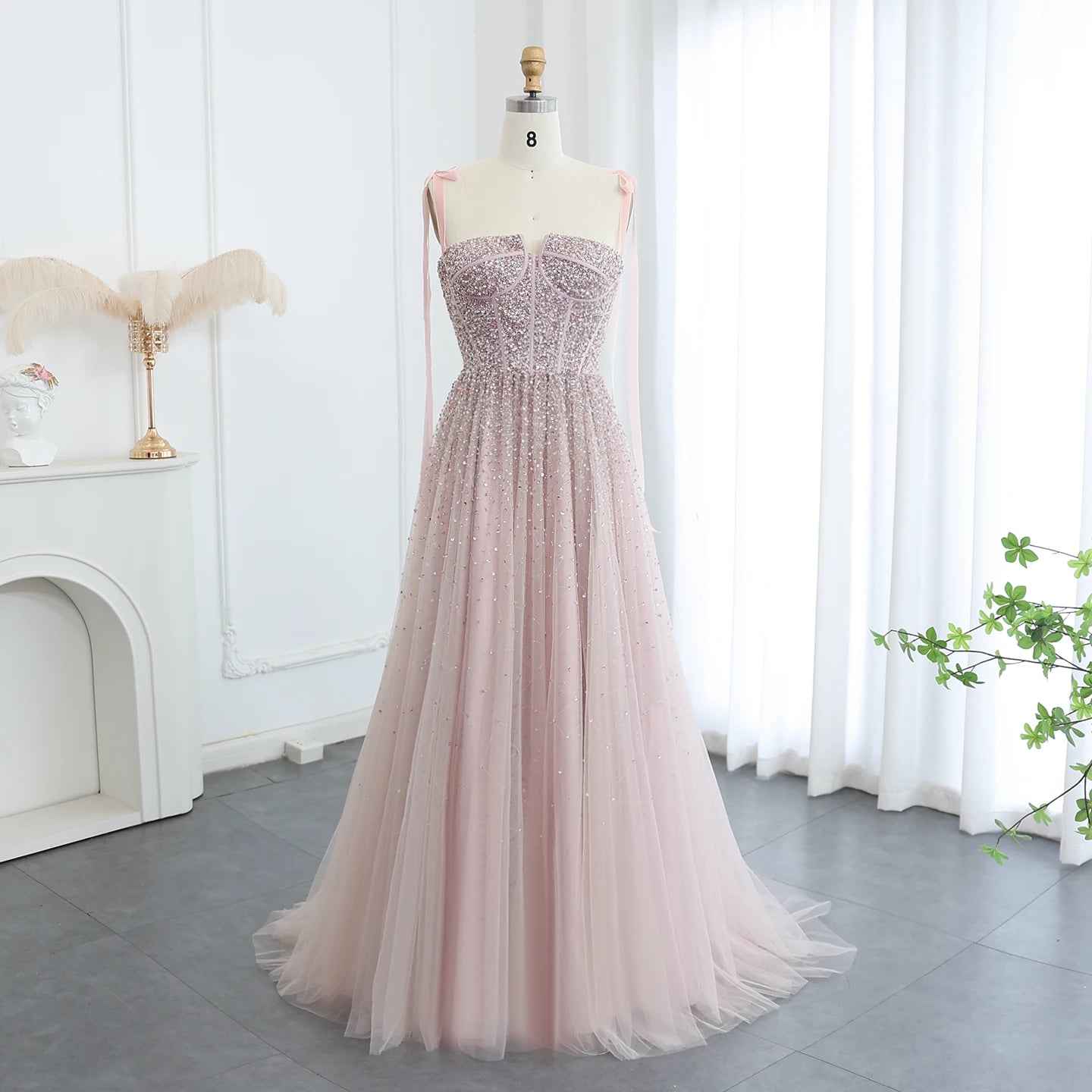 Burgundy Wine Red and Blush Pink Beaded Evening Gown with Straps — Dubai — Riviera Couture GCC Luxury Evening Gown