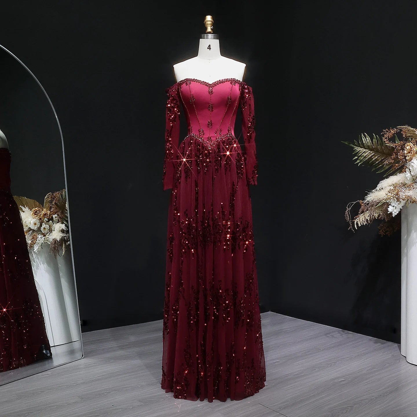 Off-Shoulder Long Sleeve Sequined A-Line Evening Gown — GCC Formal — Riviera Couture GCC Luxury Evening Gown