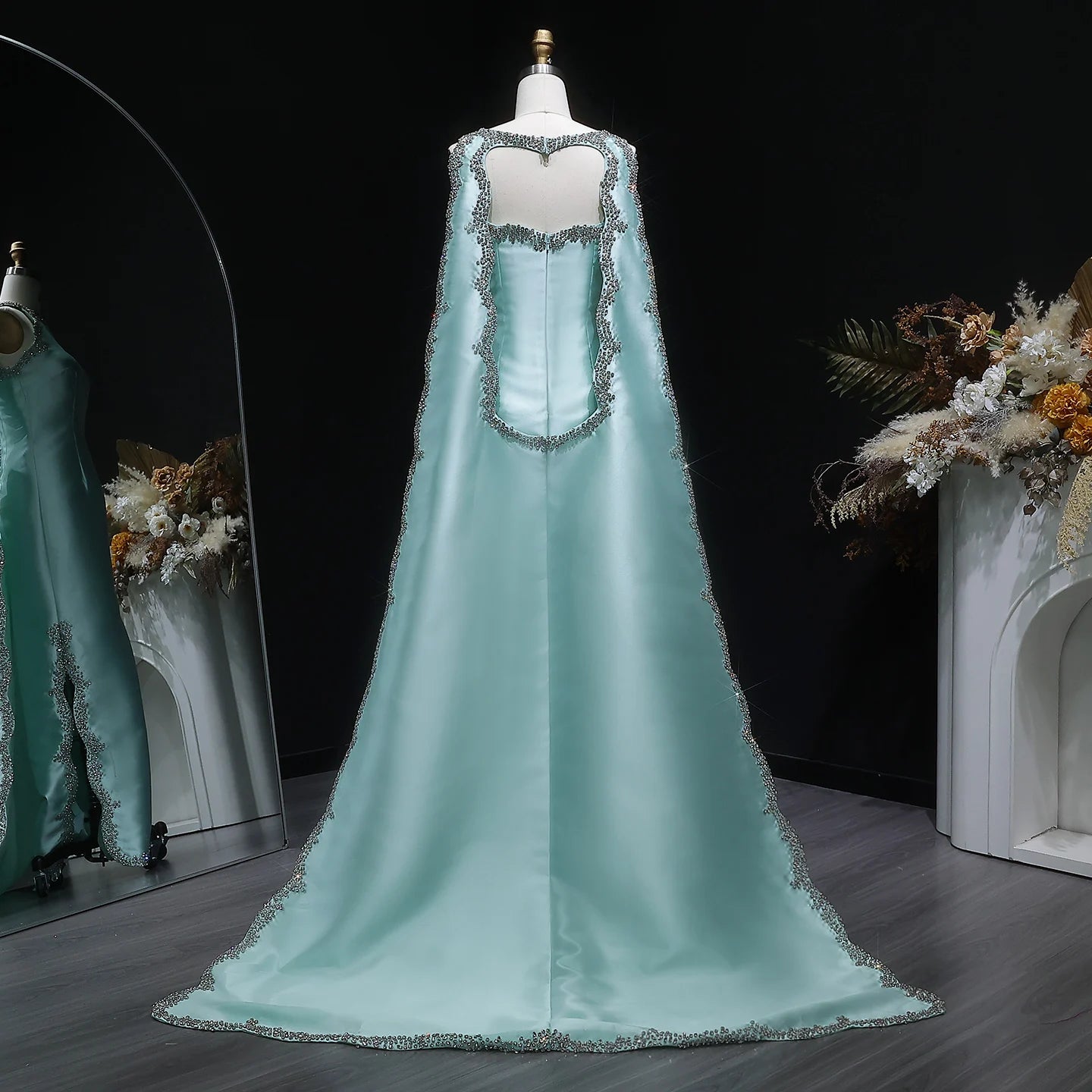 Mint Green Mint Green Arabic Mermaid Evening Gown with Cape and Side Slit — Riviera Couture GCC Luxury Evening Gown