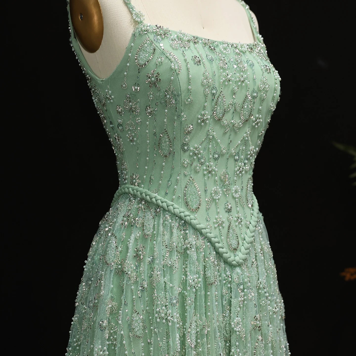 Burgundy Sage Green Spaghetti Strap Evening Gown — Arabic Luxury 2026 — Riviera Couture GCC Luxury Evening Gown