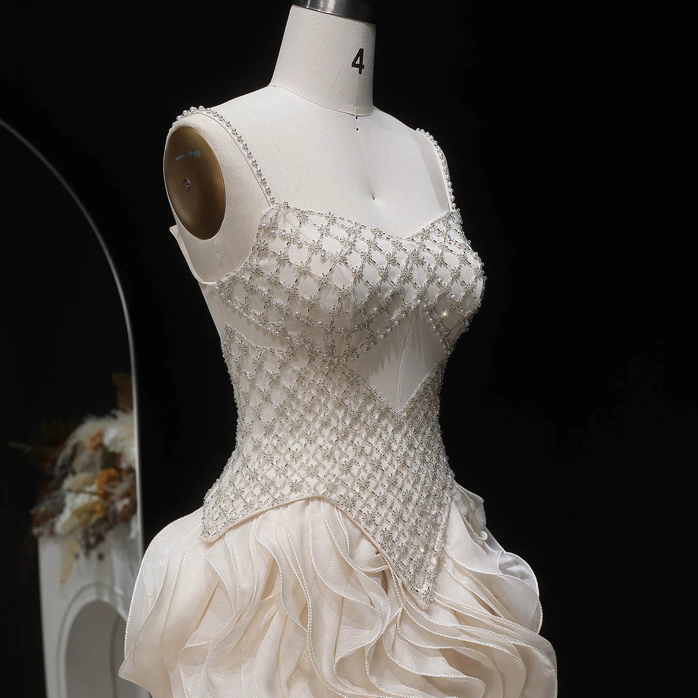 Beige Tiered Ruffle Evening Gown — Beaded Pearl GCC Luxury Formal — Riviera Couture GCC Luxury Evening Gown
