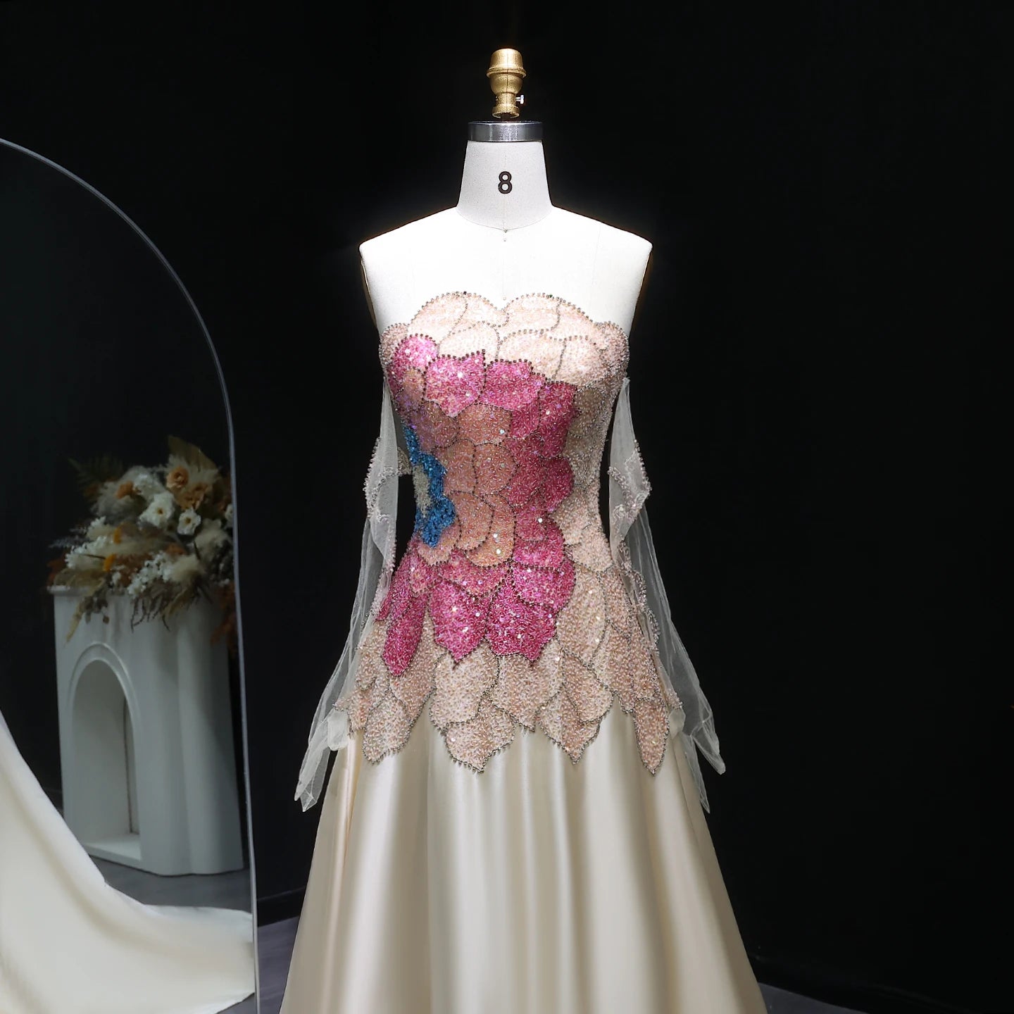 Beige Beige Satin Strapless Evening Gown with Gloves — Dubai Luxury — Riviera Couture GCC Luxury Evening Gown