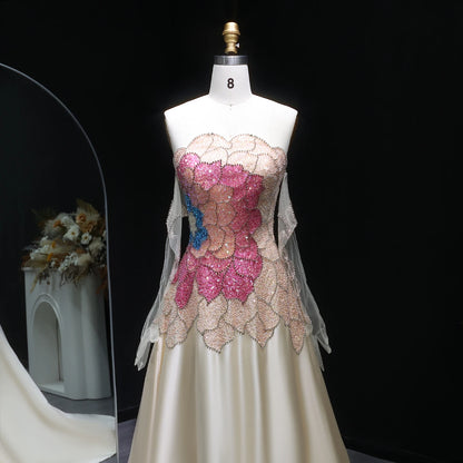 Beige Beige Satin Strapless Evening Gown with Gloves — Dubai Luxury — Riviera Couture GCC Luxury Evening Gown
