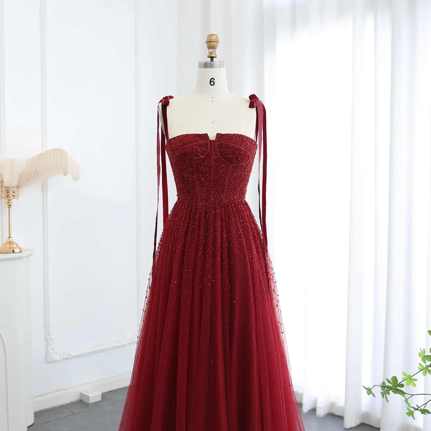 black Wine Red and Blush Pink Beaded Evening Gown with Straps — Dubai — Riviera Couture GCC Luxury Evening Gown