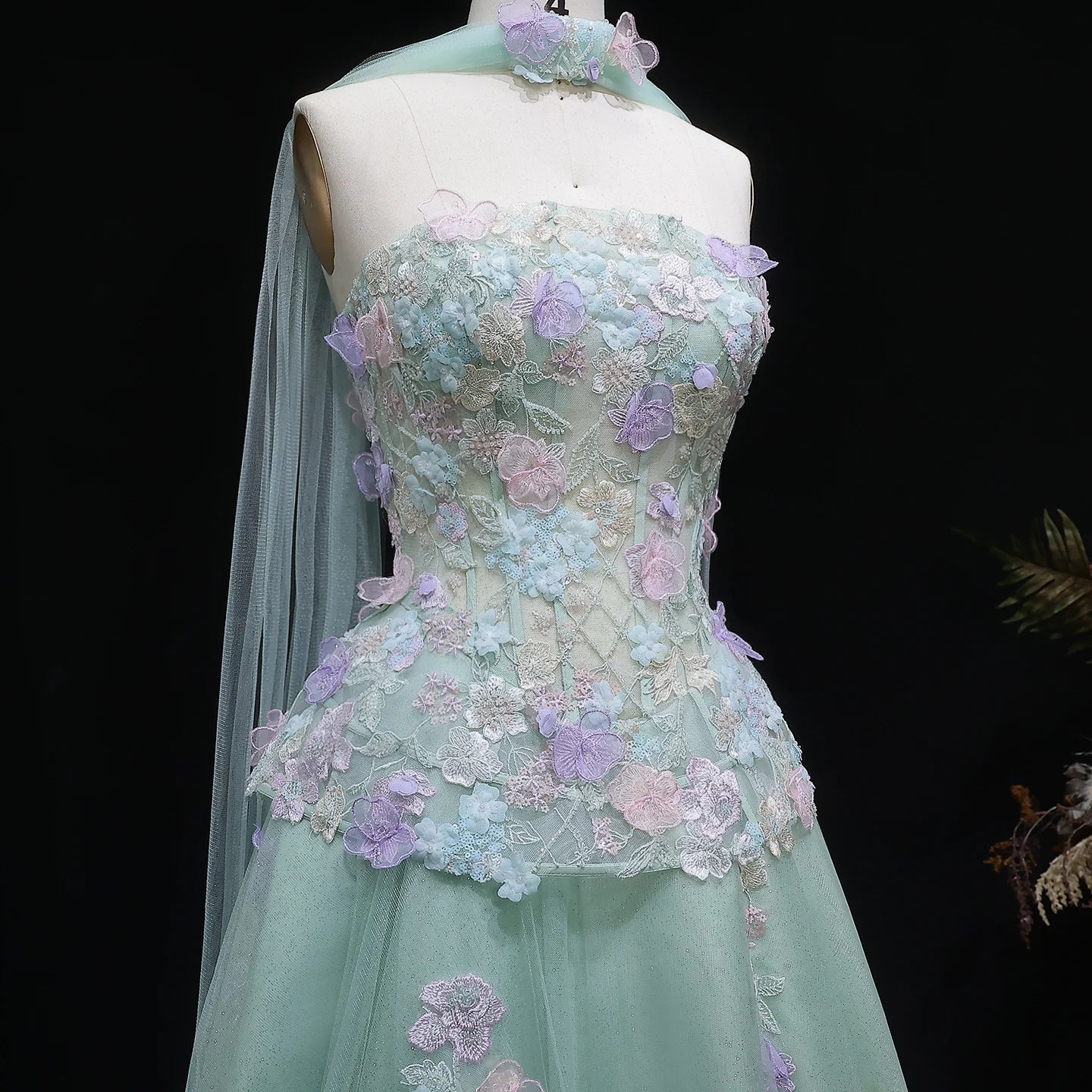 Sage Green Sage Green A-Line Evening Gown with Scarf — 3D Flowers GCC 2026 — Riviera Couture GCC Luxury Evening Gown