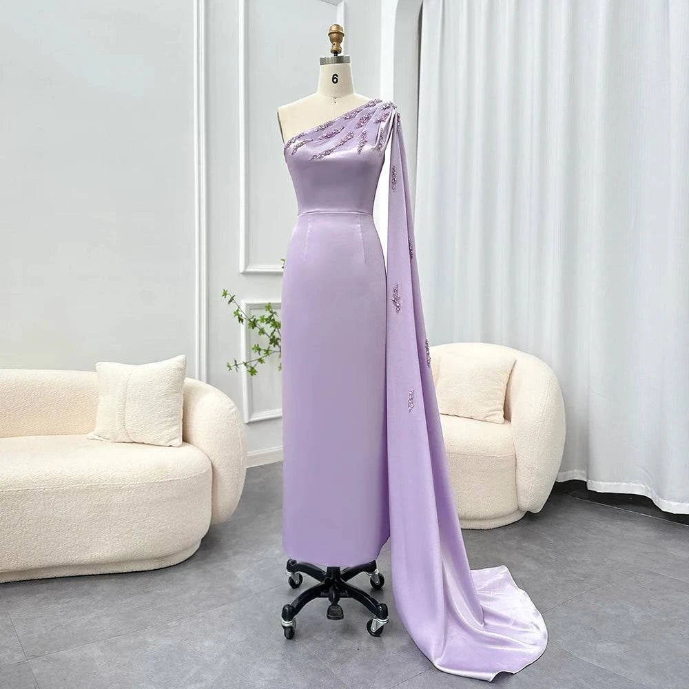 One Shoulder Lilac Midi with Cape - Riviera Couture