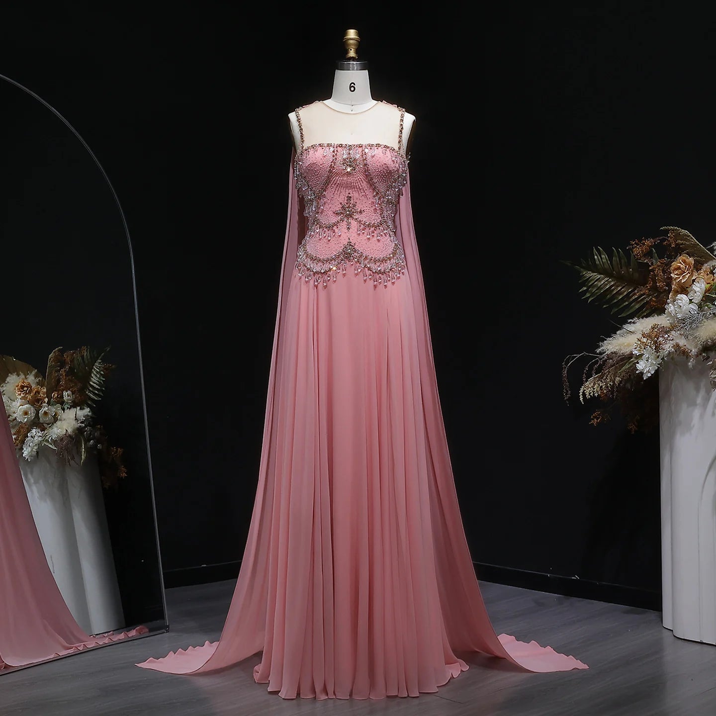 Silver Gold Cape Sleeve Evening Gown — Crystal Beaded Blush Pink — Riviera Couture GCC Luxury Evening Gown