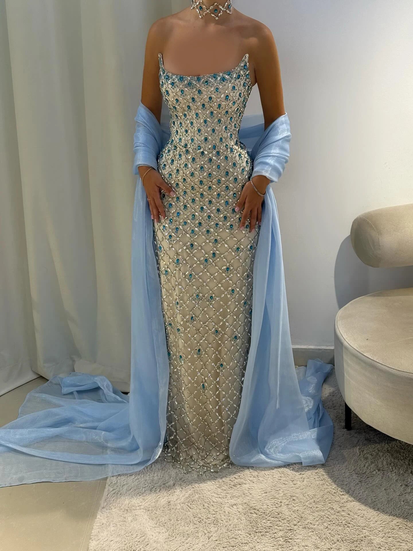 Beaded Crystal Evening Gown with Cape — Luxury GCC Formal 2026 — Riviera Couture GCC Luxury Evening Gown