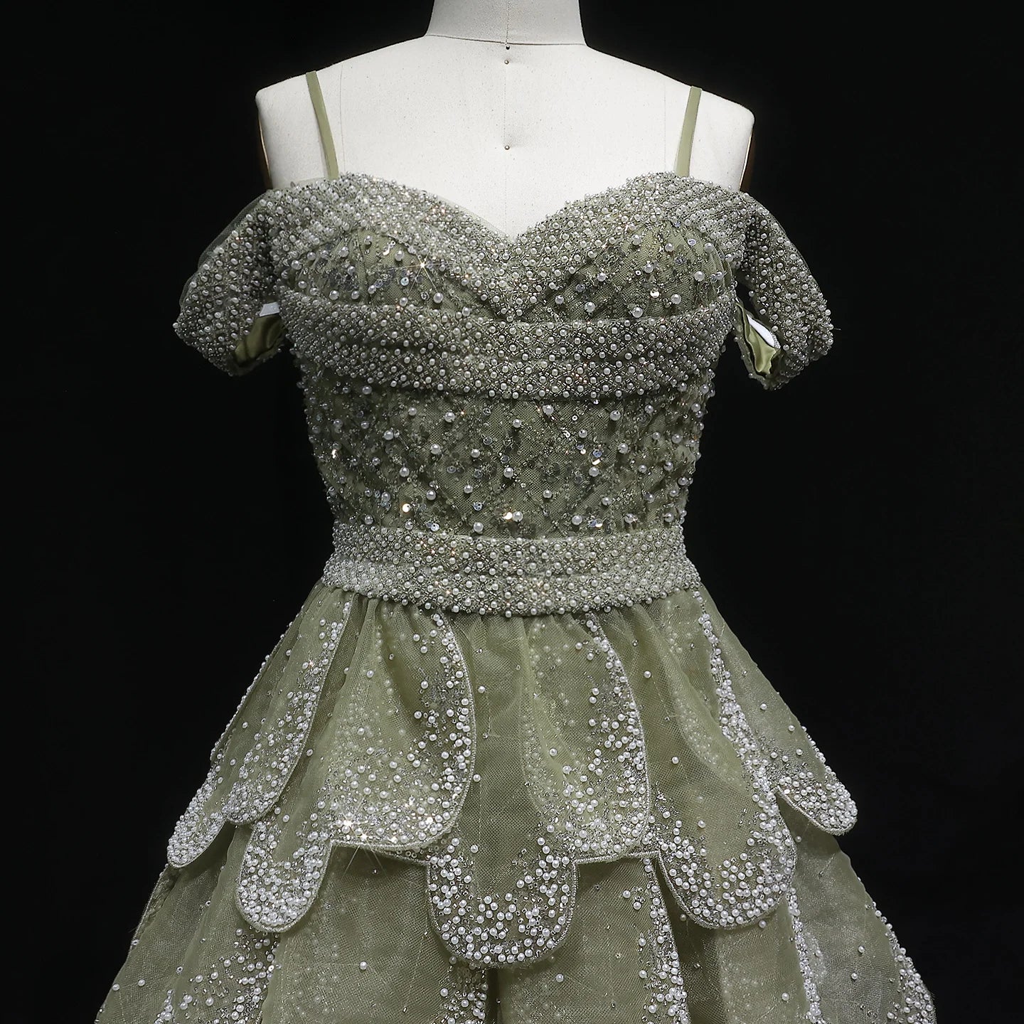 Green Sage Green Off-Shoulder Tiered Ruffle Evening Gown — GCC Formal — Riviera Couture GCC Luxury Evening Gown