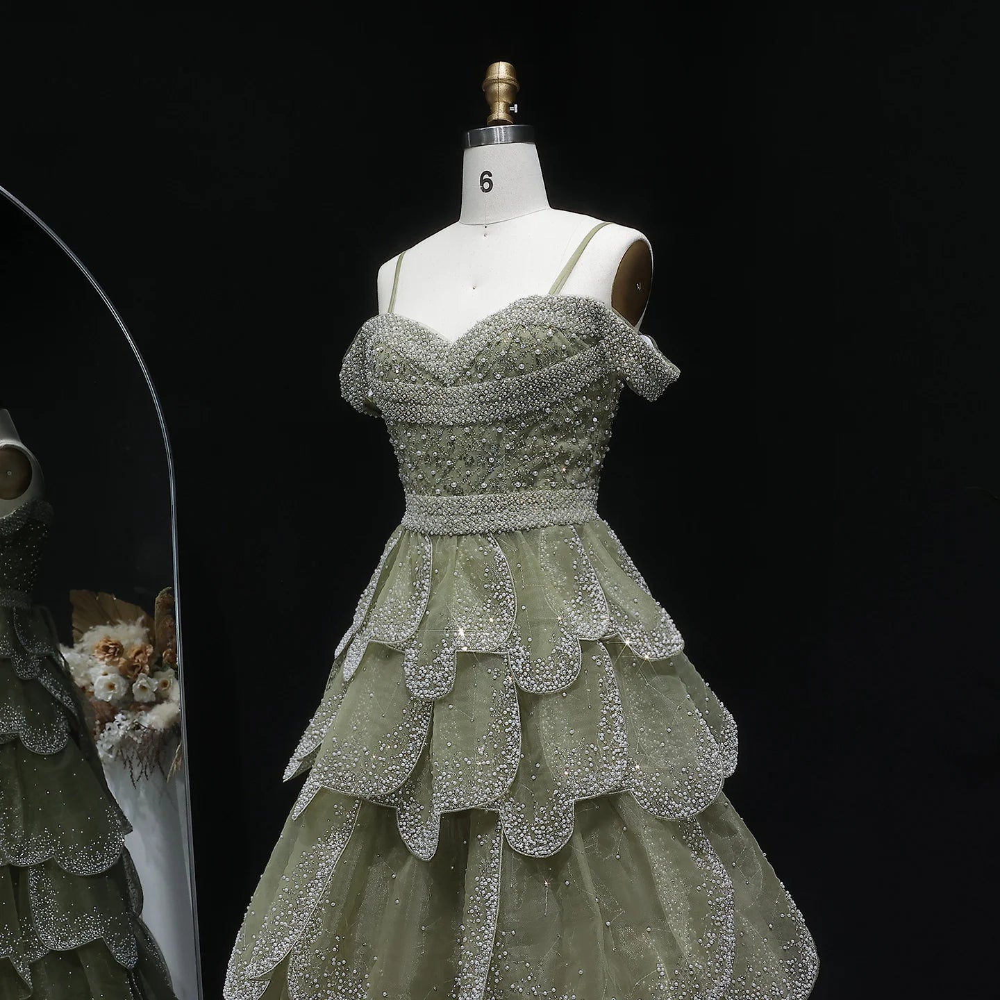 Green Sage Green Off-Shoulder Tiered Ruffle Evening Gown — GCC Formal — Riviera Couture GCC Luxury Evening Gown