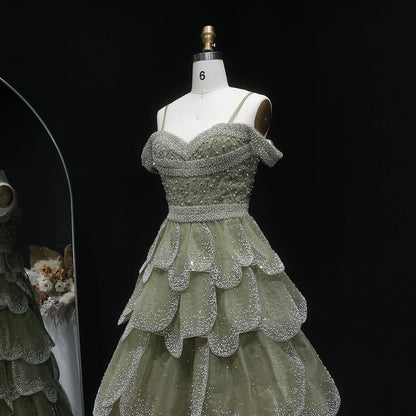 Green Sage Green Off-Shoulder Tiered Ruffle Evening Gown — GCC Formal — Riviera Couture GCC Luxury Evening Gown