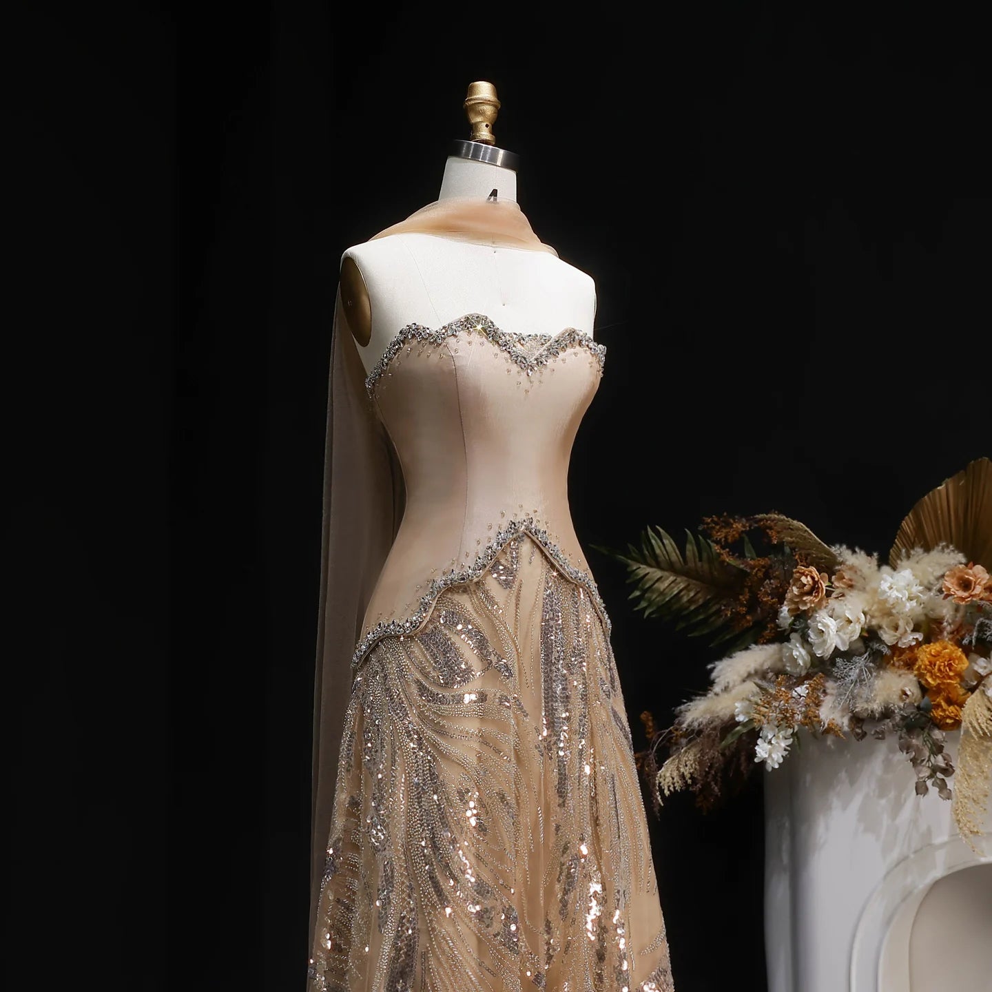 Champagne Beaded Sequined Evening Gown with Scarf — Luxury GCC Formal — Riviera Couture GCC Luxury Evening Gown