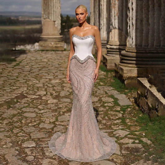 White Strapless Sequin Mermaid Evening Gown — Beaded Sparkle GCC Luxury — Riviera Couture GCC Luxury Evening Gown