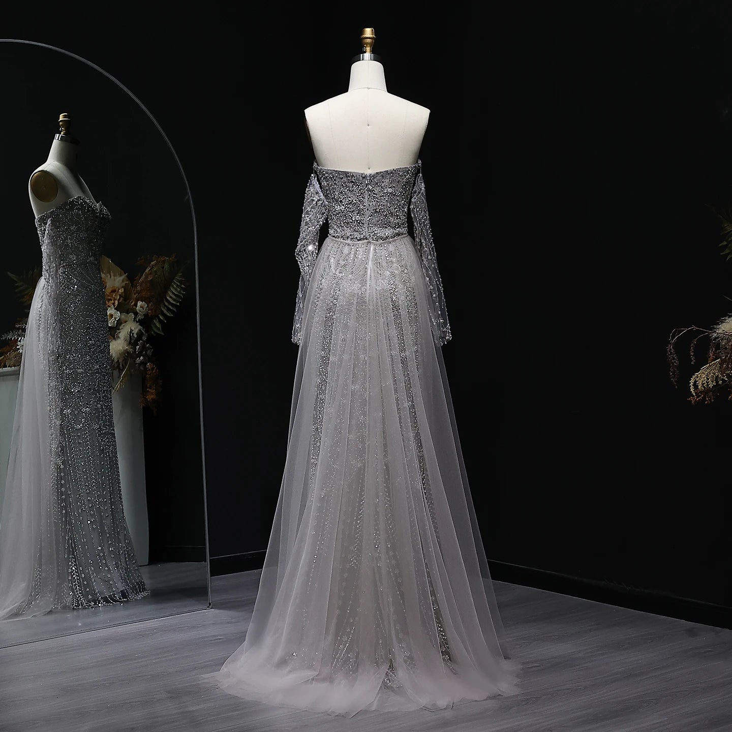 Gray Gray Dubai Evening Gown with Cape — Long Sleeve Detachable Overskirt — Riviera Couture GCC Luxury Evening Gown