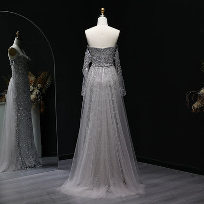 Gray Gray Dubai Evening Gown with Cape — Long Sleeve Detachable Overskirt — Riviera Couture GCC Luxury Evening Gown