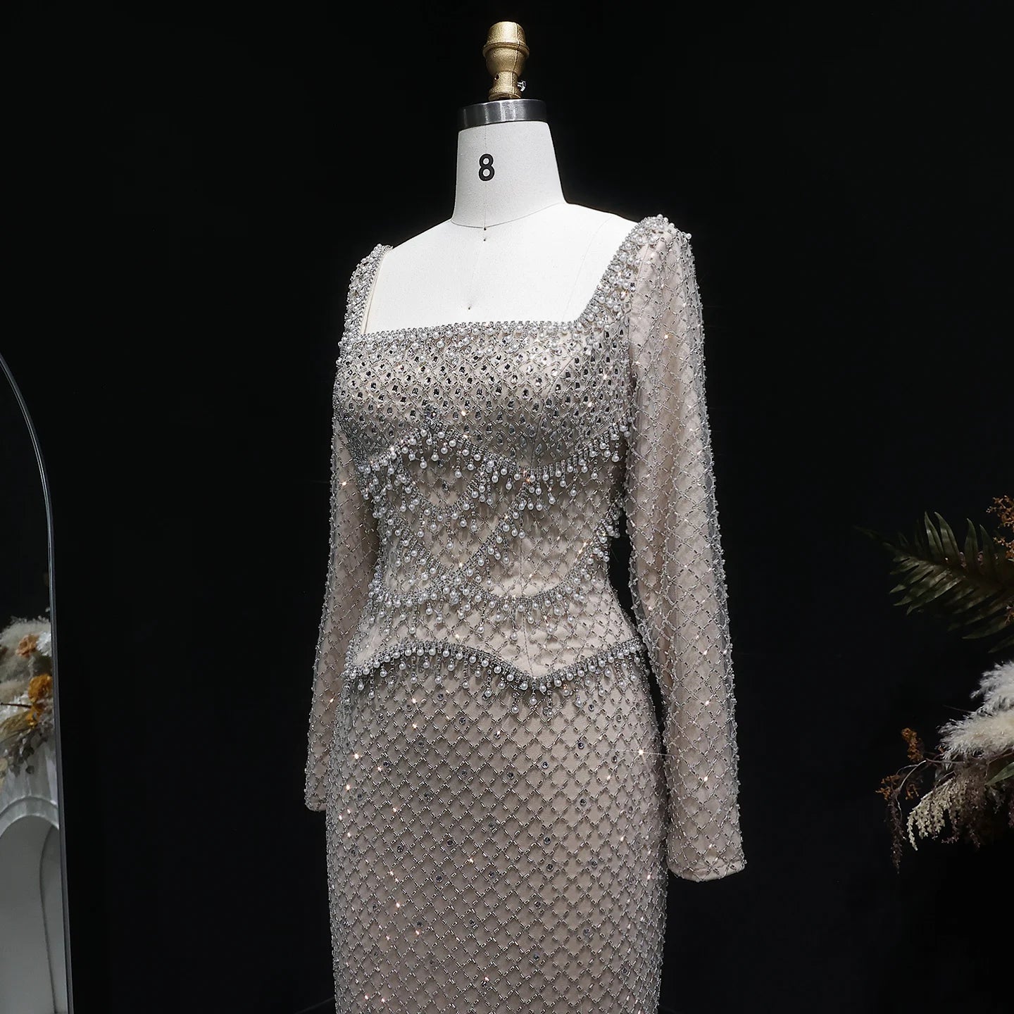Gray Champagne Crystal Long Sleeve Evening Gown — Dubai Arabic Luxury — Riviera Couture GCC Luxury Evening Gown