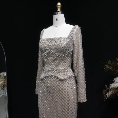 Gray Champagne Crystal Long Sleeve Evening Gown — Dubai Arabic Luxury — Riviera Couture GCC Luxury Evening Gown