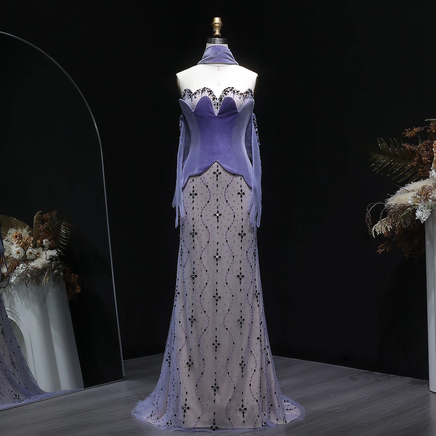 Purple Purple Velvet Two-Piece Mermaid Evening Gown with Gloves and Scarf — Riviera Couture GCC Luxury Evening Gown