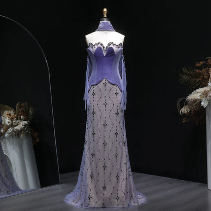 Purple Purple Velvet Two-Piece Mermaid Evening Gown with Gloves and Scarf — Riviera Couture GCC Luxury Evening Gown