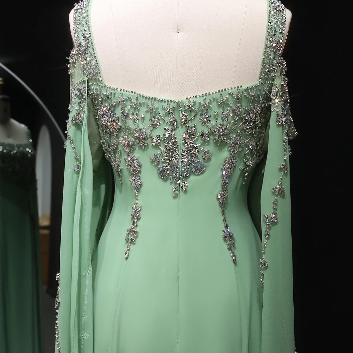 Blue Blue Crystal Evening Gown with Flowing Cape Sleeve — Arabic Luxury — Riviera Couture GCC Luxury Evening Gown