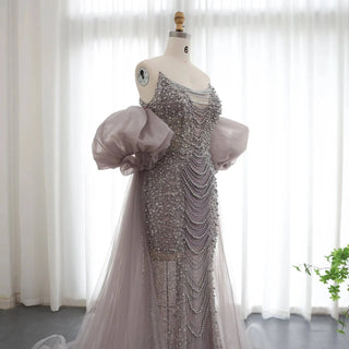 Luxury Pearls Purple Mermaid Evening Dress with Cape Sleeves - Riviera Couture