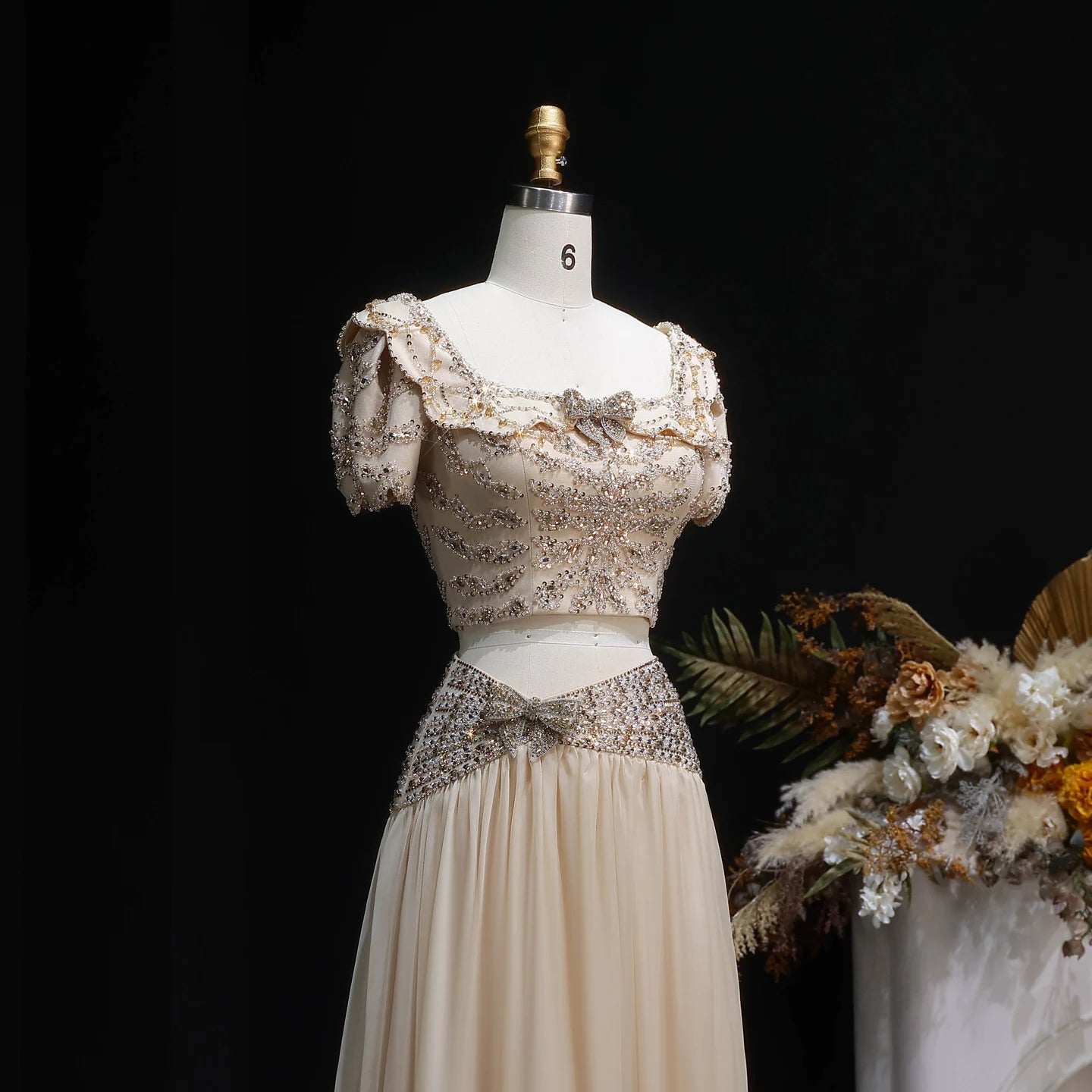 Champagne Two-Piece Evening Gown — Short Sleeve Sequined Bowknot — Riviera Couture GCC Luxury Evening Gown