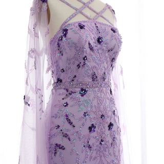 Lilac Evening Dress with Cape Sleeves and Criss Cross Neckline - Riviera Couture