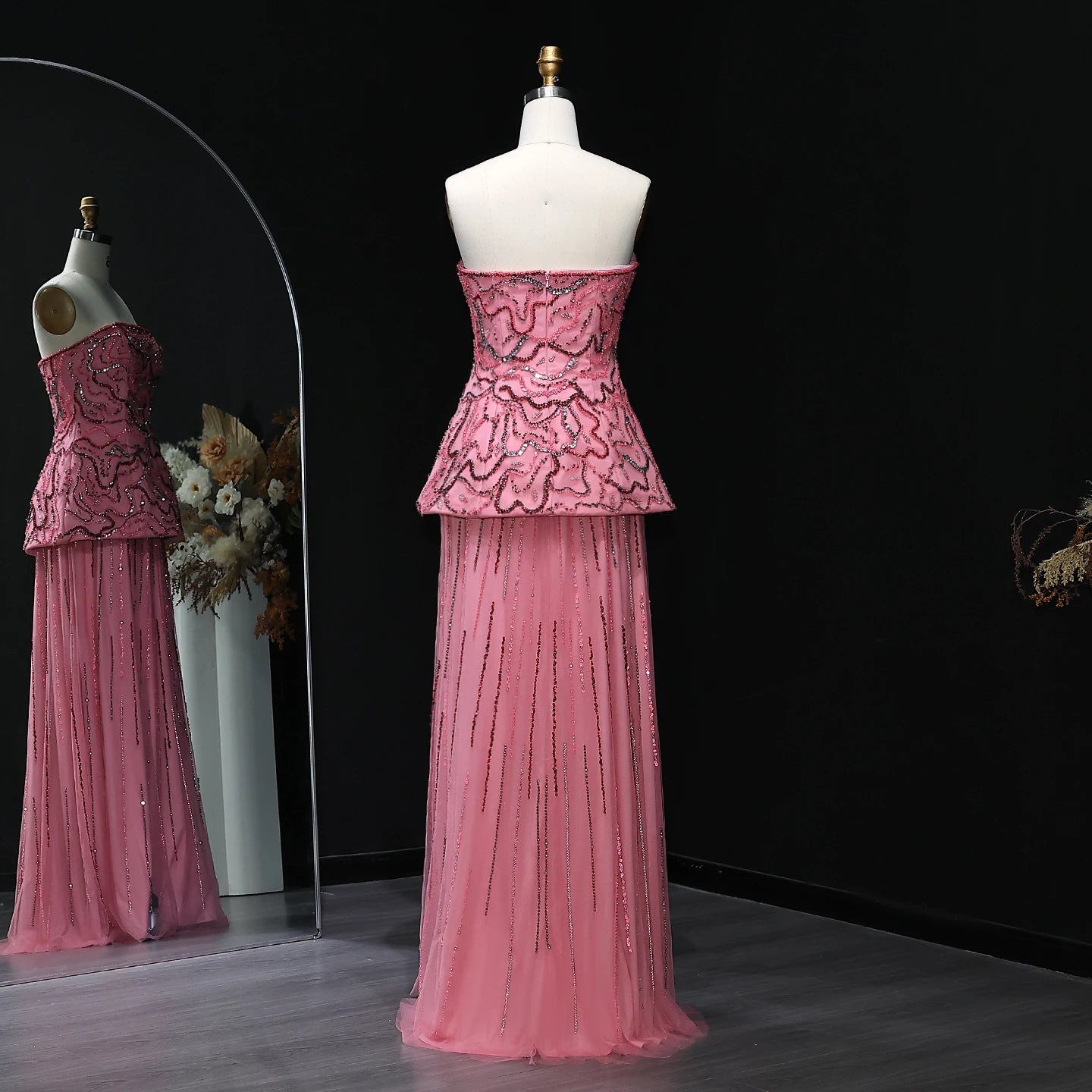 Rose Pink Rose Pink and Blue Beaded Two-Piece Strapless Evening Gown — GCC — Riviera Couture GCC Luxury Evening Gown