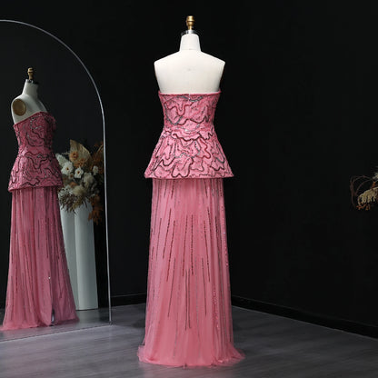 Rose Pink Rose Pink and Blue Beaded Two-Piece Strapless Evening Gown — GCC — Riviera Couture GCC Luxury Evening Gown