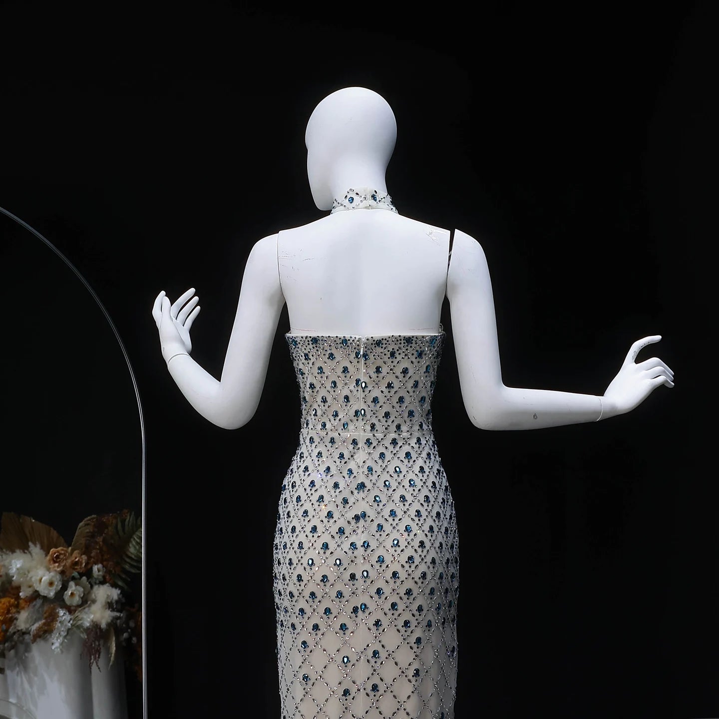Blue Beaded Crystal Evening Gown with Cape — Luxury GCC Formal 2026 — Riviera Couture GCC Luxury Evening Gown