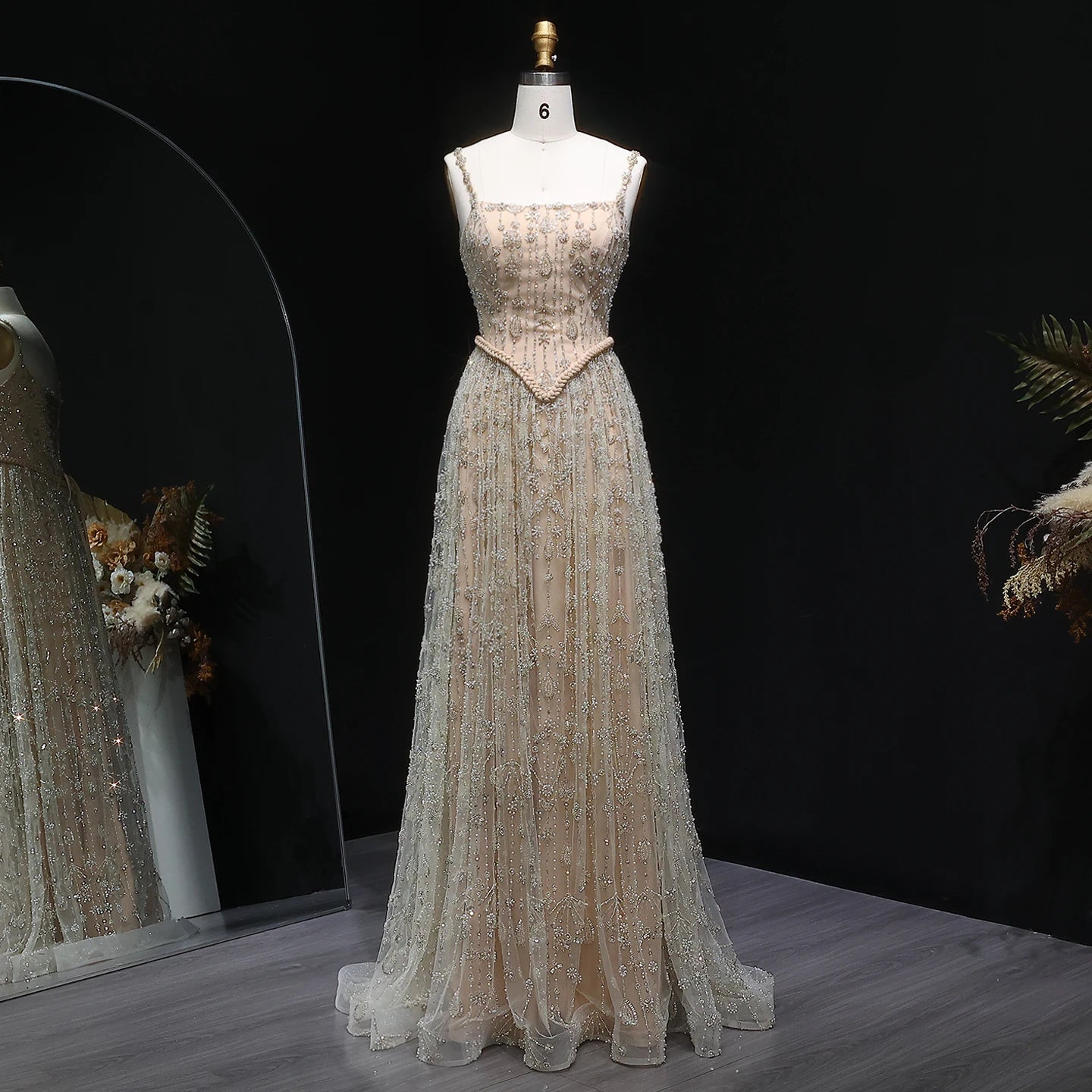Burgundy Sage Green Spaghetti Strap Evening Gown — Arabic Luxury 2026 — Riviera Couture GCC Luxury Evening Gown