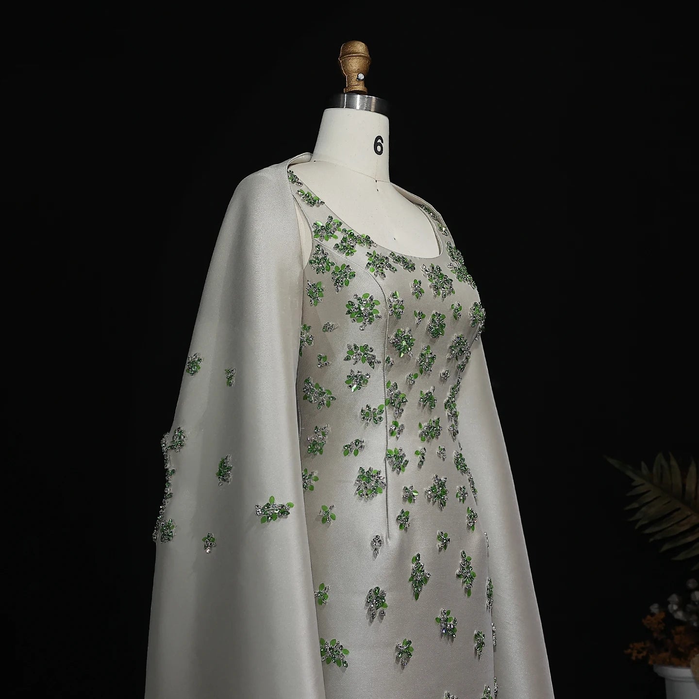 green Sage Green Satin 3D Floral Beaded Evening Gown with Cape — Dubai — Riviera Couture GCC Luxury Evening Gown