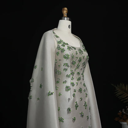 green Sage Green Satin 3D Floral Beaded Evening Gown with Cape — Dubai — Riviera Couture GCC Luxury Evening Gown