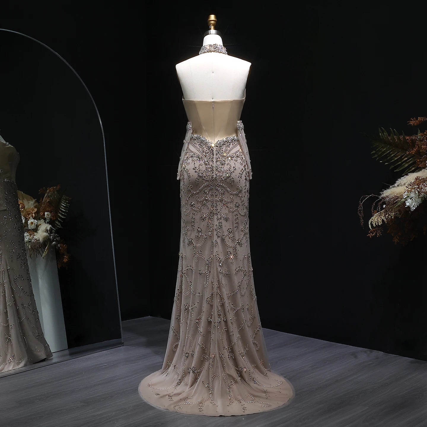 Champagne Beaded Mermaid Evening Gown with Gloves — Corset High Collar GCC — Riviera Couture GCC Luxury Evening Gown