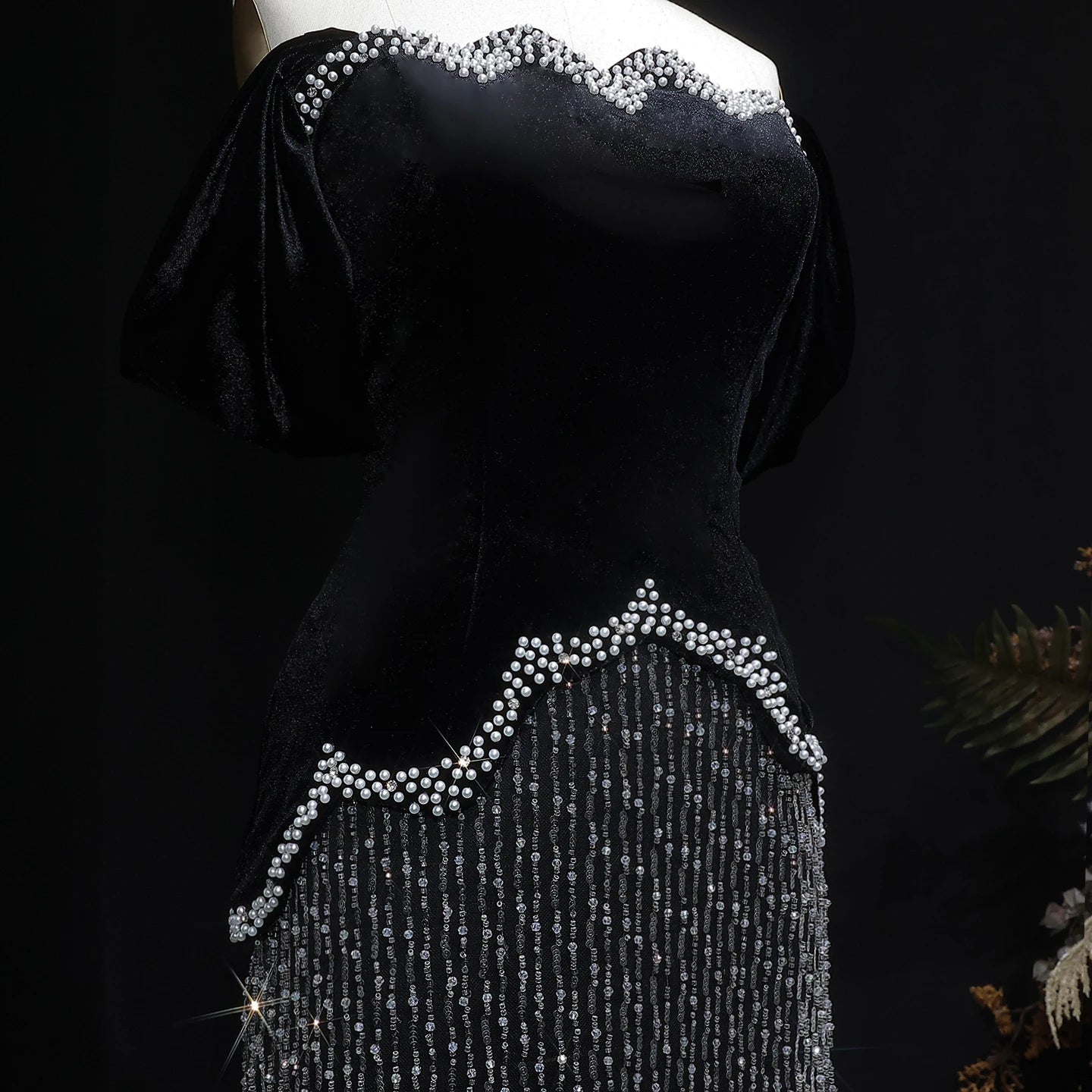 Black Black Beaded Off-Shoulder Evening Gown with Slit — Arabic Luxury — Riviera Couture GCC Luxury Evening Gown
