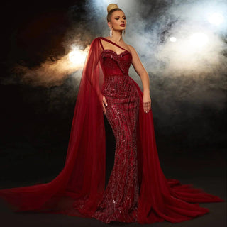 One Shoulder Mermaid Evening Dress with Cape Overskirt - Riviera Couture