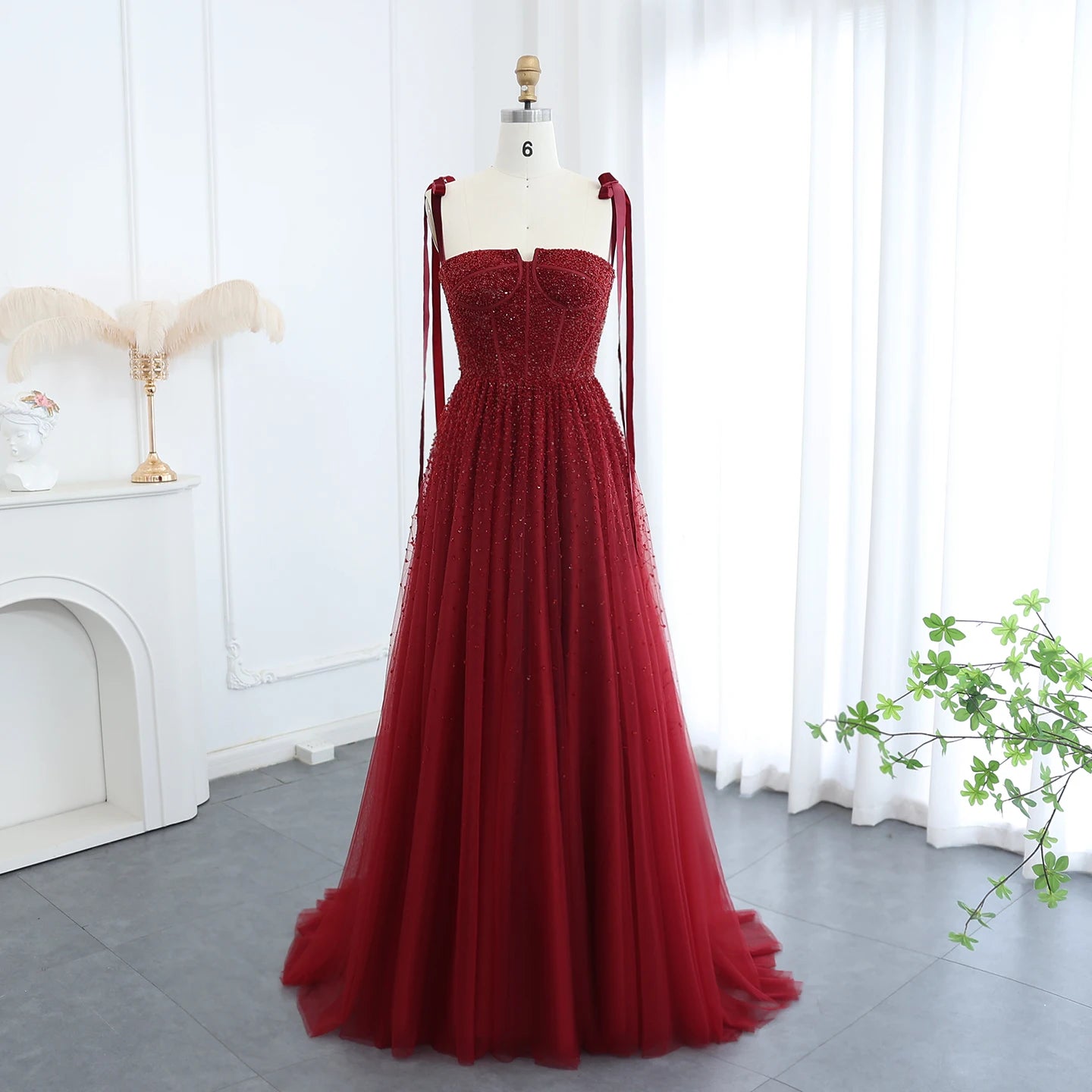 Burgundy Wine Red and Blush Pink Beaded Evening Gown with Straps — Dubai — Riviera Couture GCC Luxury Evening Gown