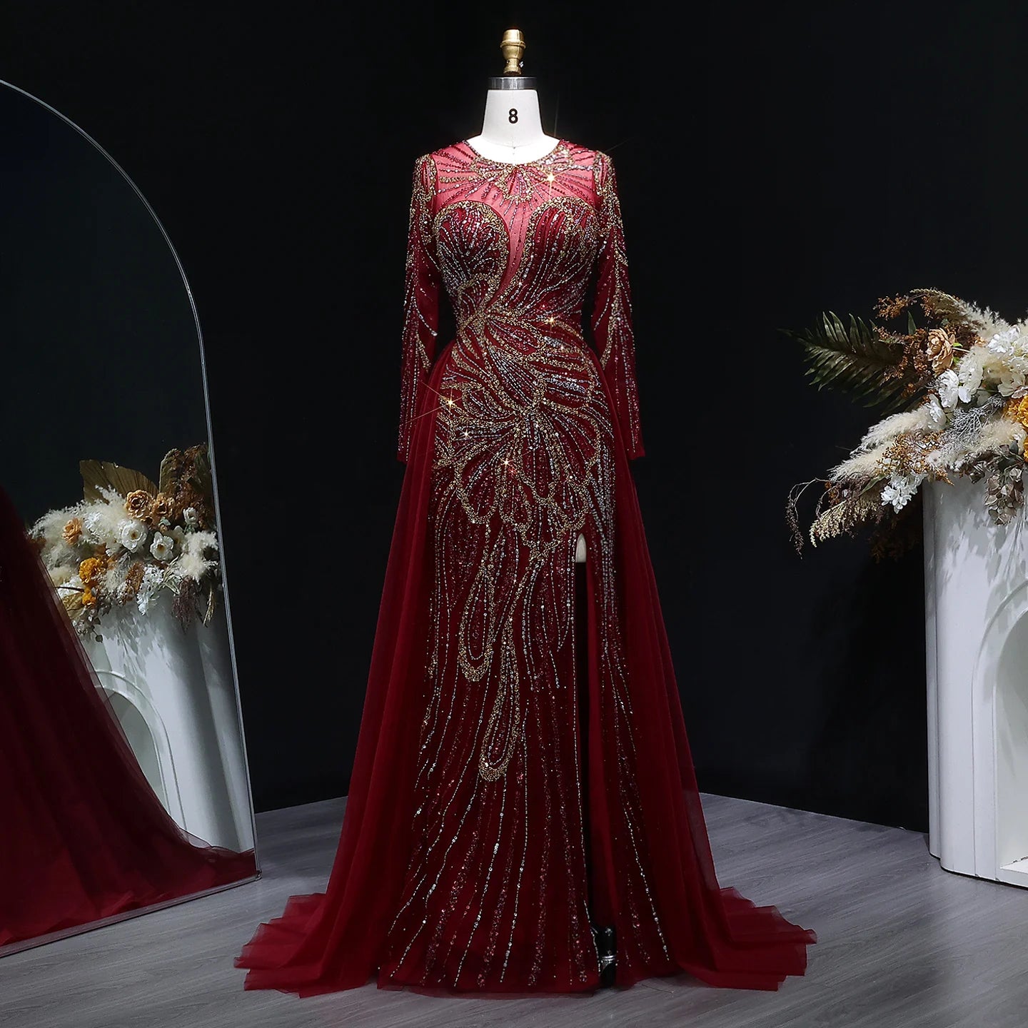 Beaded Long Sleeve Evening Gown with Overskirt and Side Slit — Riviera Couture GCC Luxury Evening Gown