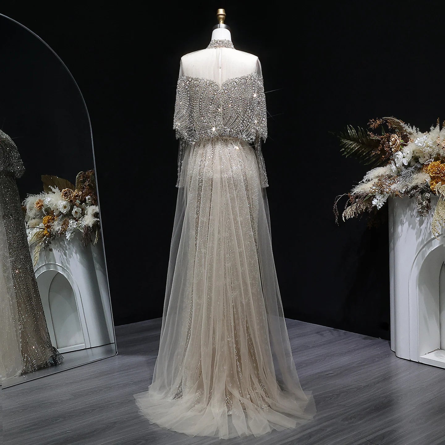 Green Gray Dubai Evening Gown with Cape — Long Sleeve Detachable Overskirt — Riviera Couture GCC Luxury Evening Gown