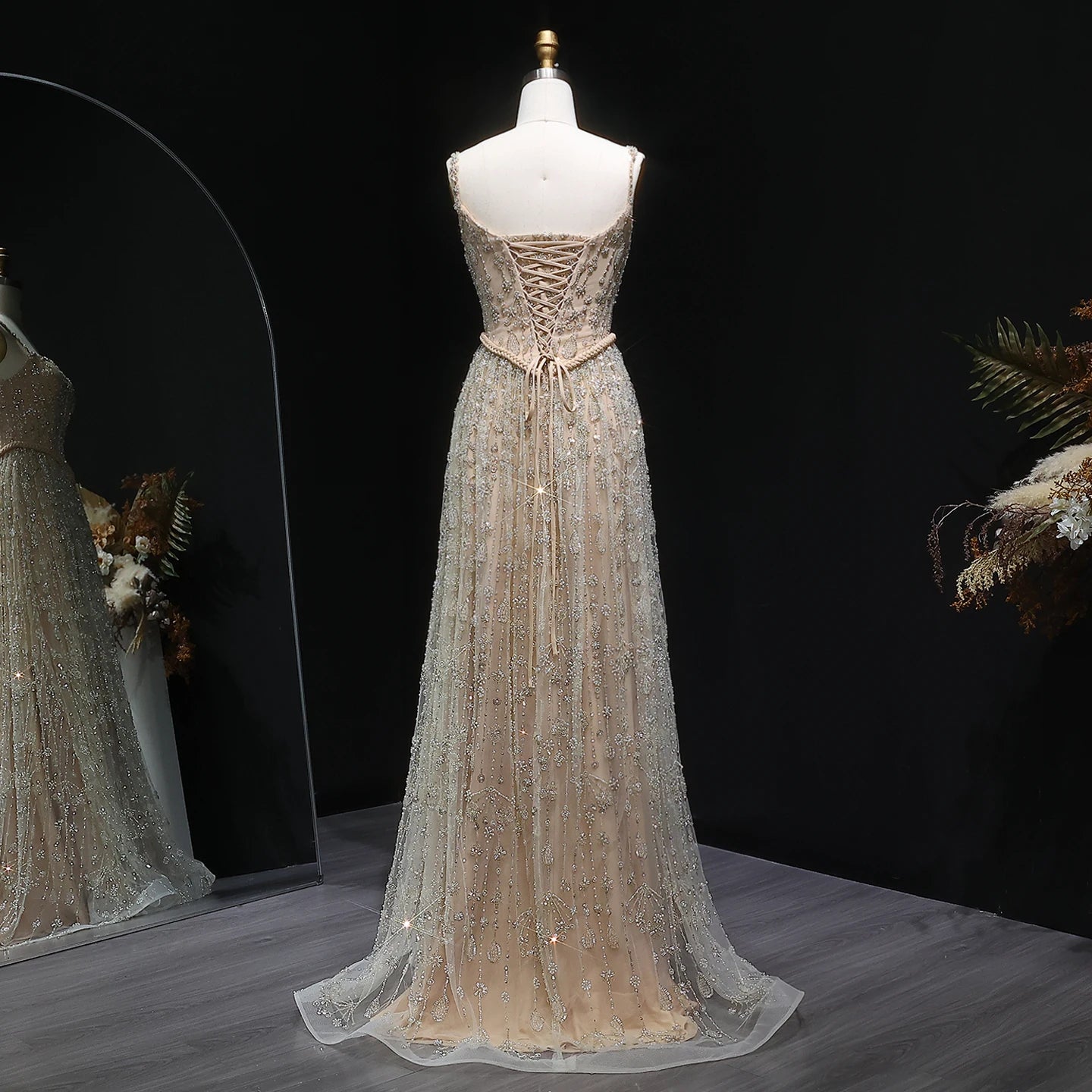 Green Long Sleeves Sage Green Spaghetti Strap Evening Gown — Arabic Luxury 2026 — Riviera Couture GCC Luxury Evening Gown